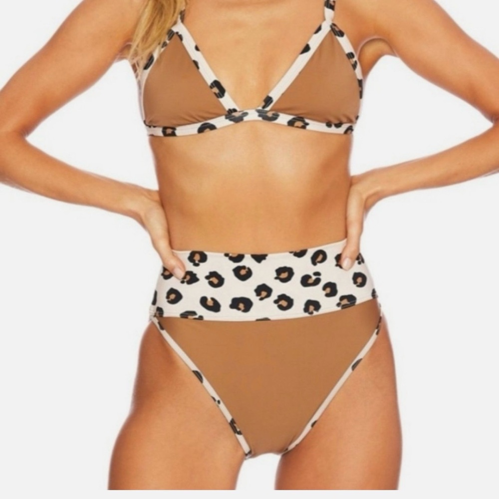 High-Waist Leopard Trim Bikini Set in Tan NWOT